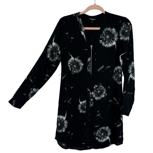 Express XS Shift Dress Dandelion Print Black Chiffon Zipper V Neck Long Sleeve - Picture 1 of 11